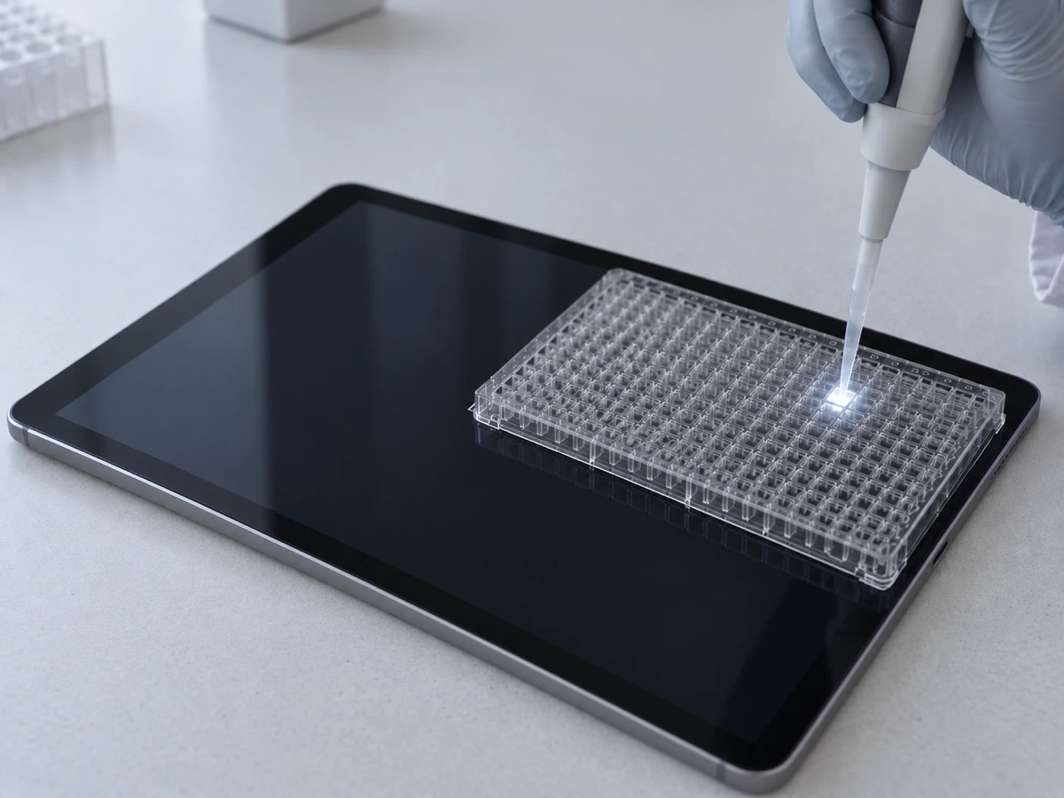 WellSpot iPad app lighting the target well beneath a well plate